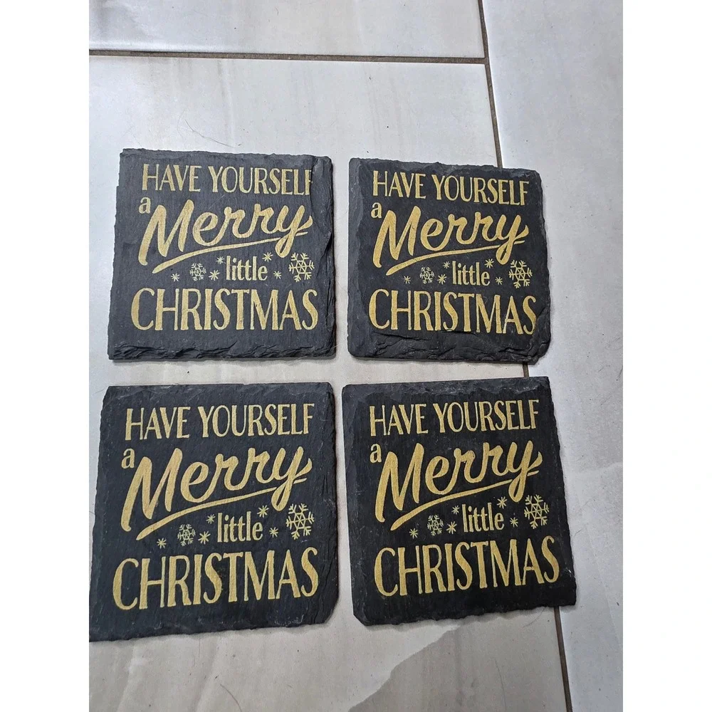 Merry Little Christmas Slate Coasters Set of 4 Black Gold Holiday Decor 4x4 G3